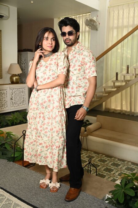 Couple Matching Cream floral Cotton Printed Anarkali Midi Dress & Shirt Set ? Casual & Festive Wear